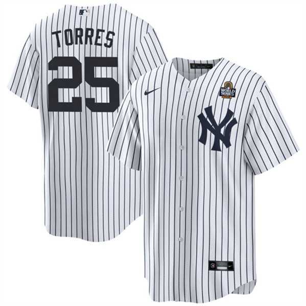 Mens New York Yankees #25 Gleyber Torres White 2024 World Series With Name Cool Base Stitched Jersey Dzhi